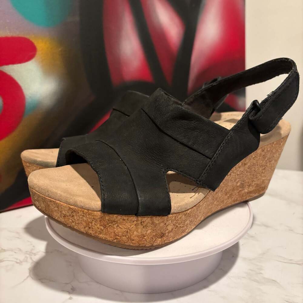 Clarks Annadel Bari wedges cork sandals, Black Nubuck US 8.5